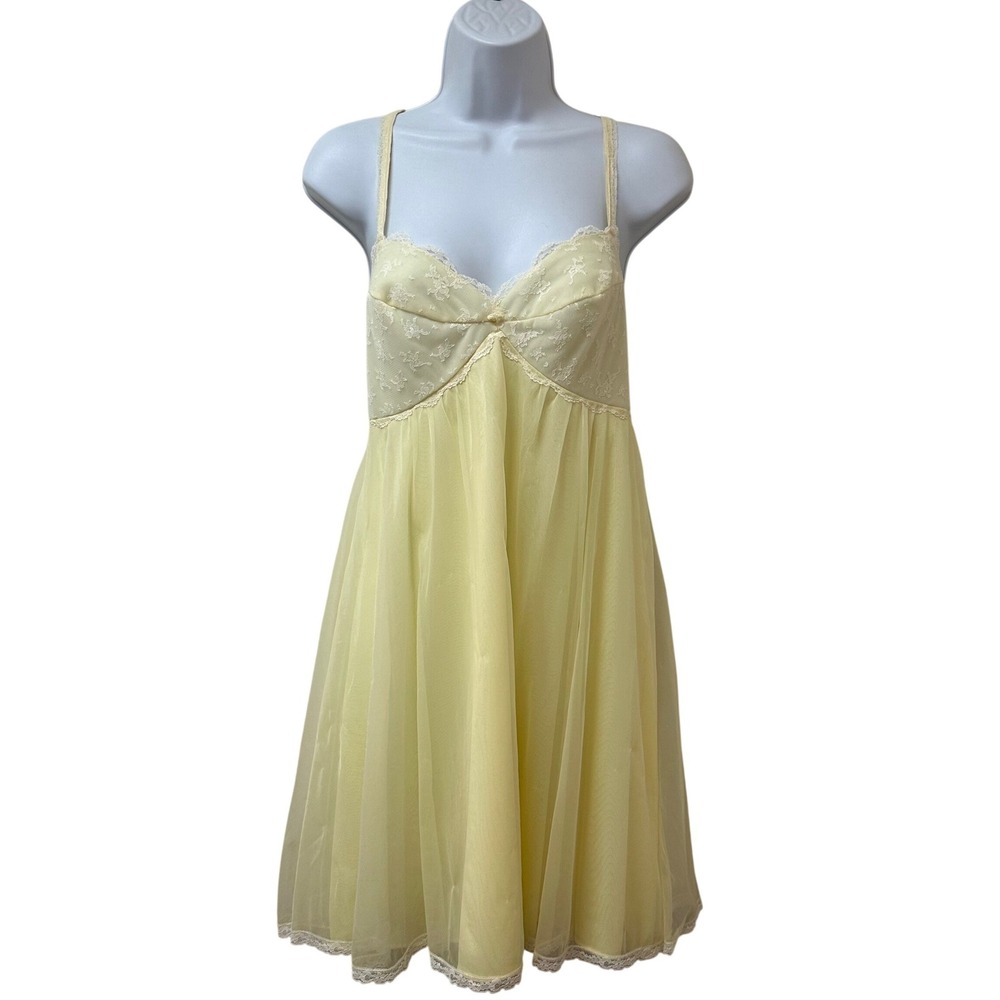 Vintage Warners Yellow Lace Babydoll Nightgown 32 USA 60s 70s Sheer Lingerie